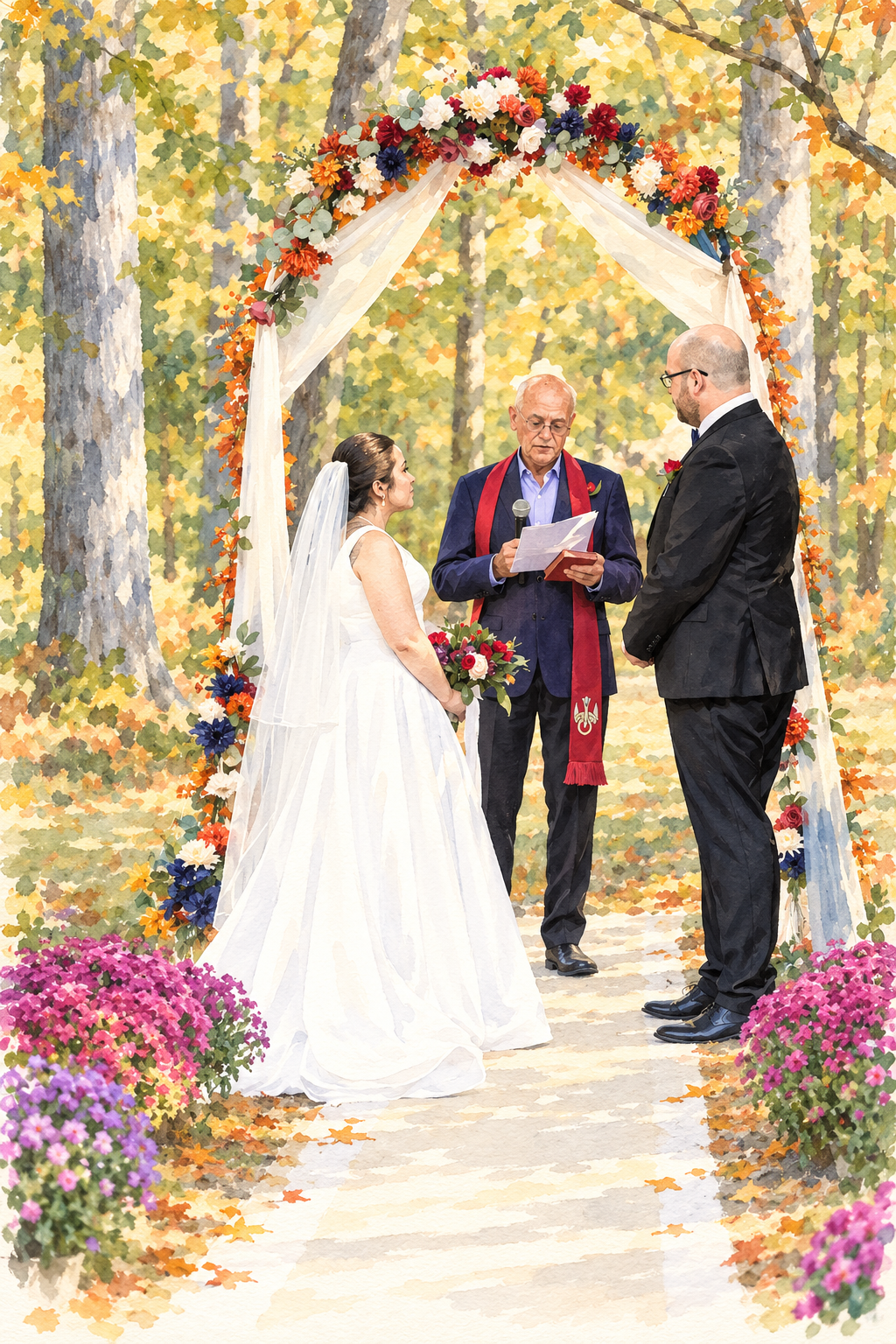 Illustration of Emmy and Tylor exchanging vows beneath their flower-covered arbor at VINS