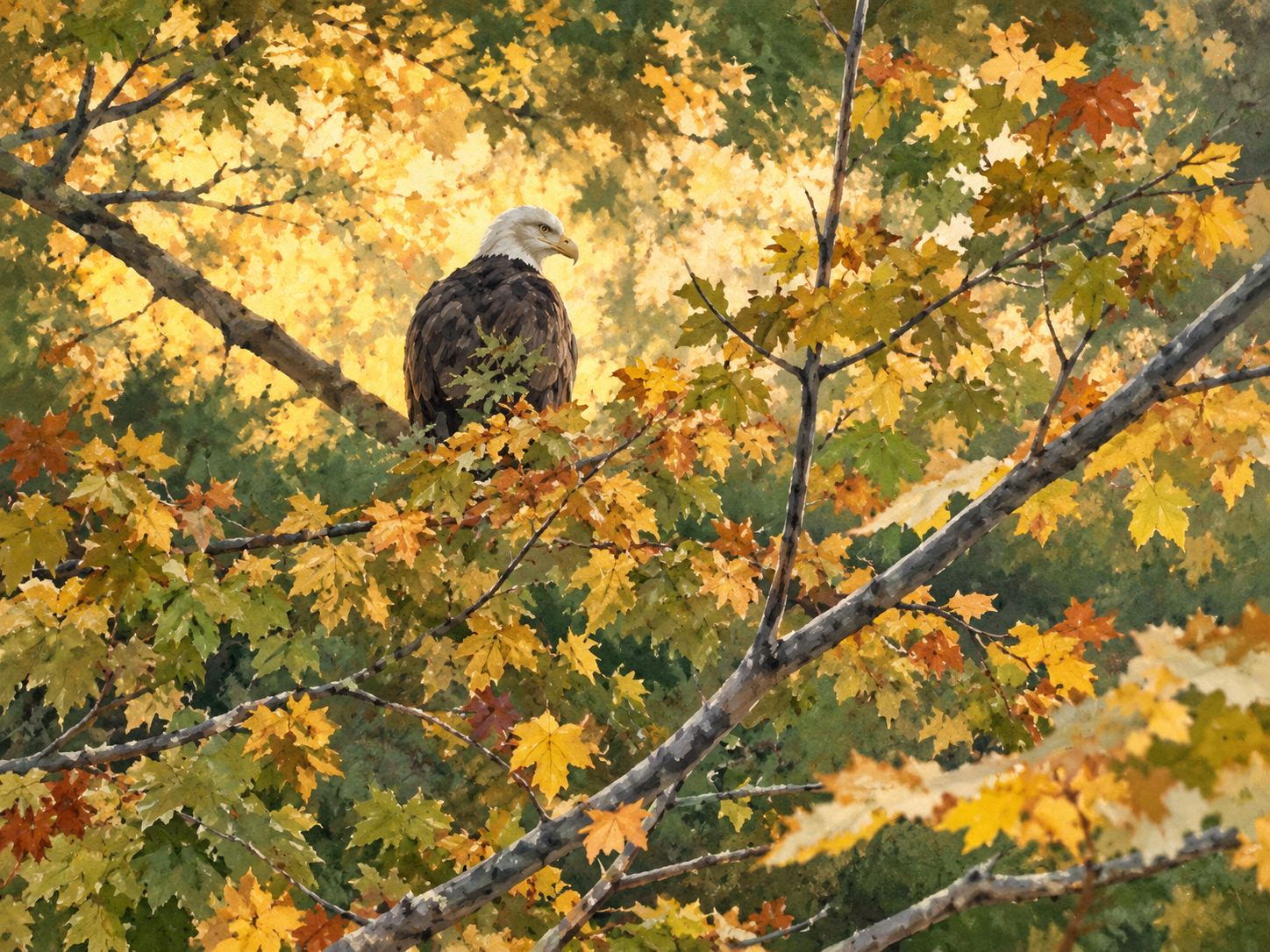 Illustration of a bald eagle perched among autumn leaves at VINS